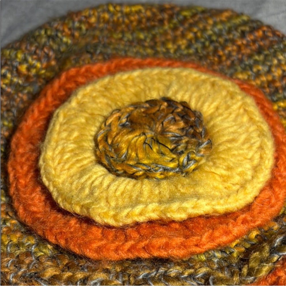 Handmade Multicolor Knit Hat with Orange and Yellow Accents - Picture 2 of 5